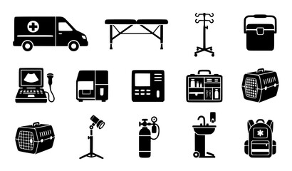 Veterinary Clinic Equipment Icon Set Featuring Emergency Ambulance Animal Crate Ultrasound Machine and Medical Toolkit Vector Icons © Abddulah