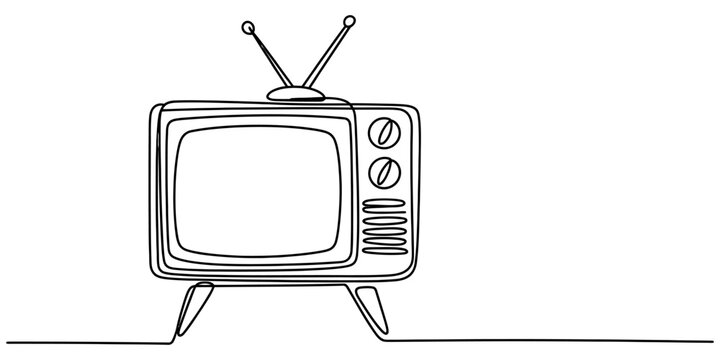 Continuous single line drawing of a retro television set with antenna and knobs Vector, illustration