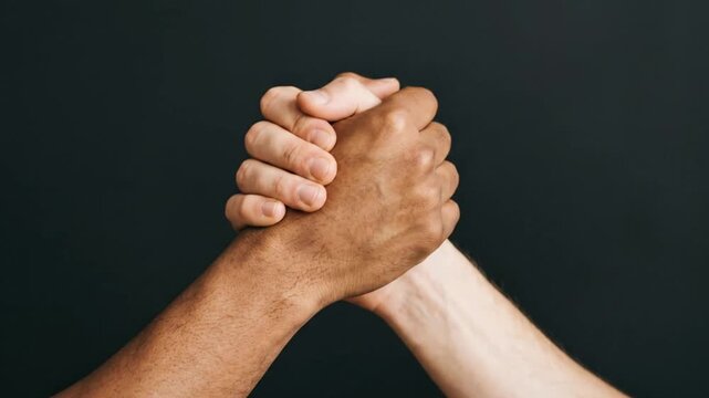 Diverse Hands Arm Wrestling Symbolizing Competition, Strength, Equality, and Friendly Rivalry on a Dark Background