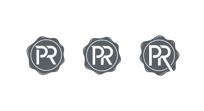 Three circular logos with PR initials design.