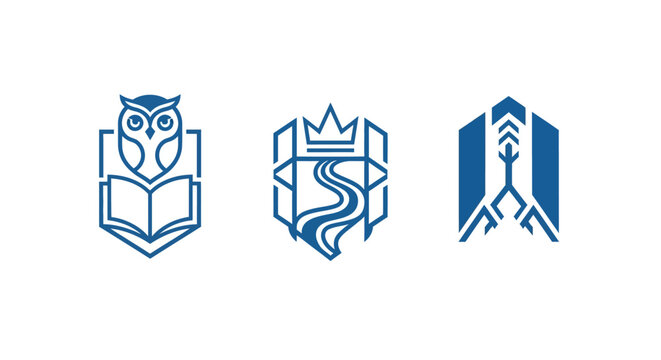Three blue emblem designs with owl book and crown symbols.