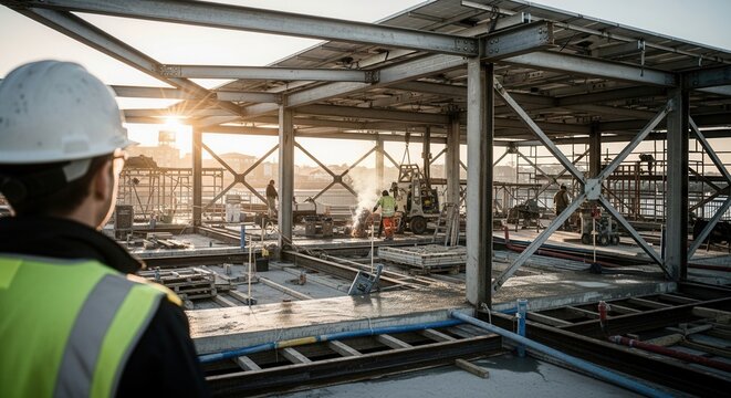 Sunrise Over Futuristic Construction Site With Workers And Machinery