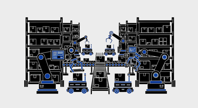 Industrial robots in factory setting.