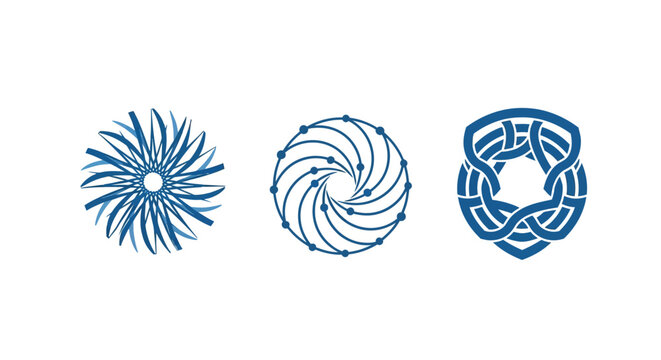 Abstract blue spiral and knot designs on white.
