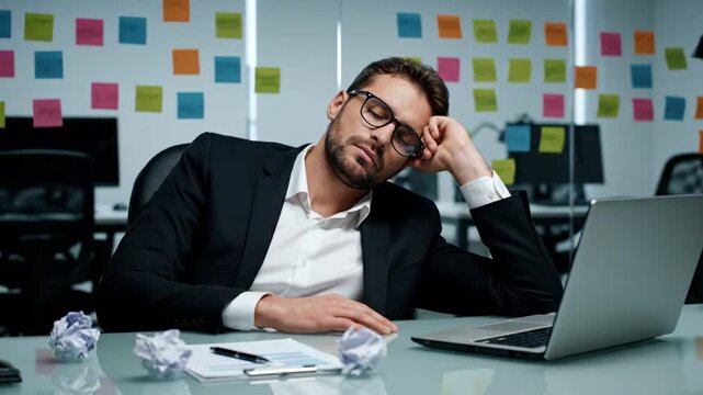Tired businessman sleeping at his desk in a modern office with sticky notes on the wall, showing exhaustion and overwork.