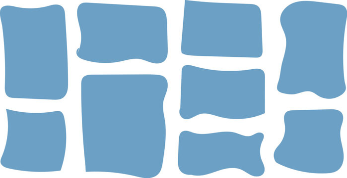 Set of blue speech bubbles, blank text boxes, abstract wavy rectangular shapes, vector design elements for banners, stickers, and labels, collection of cartoon frames