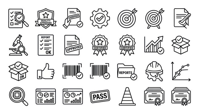 Business quality control and performance tracking icons.