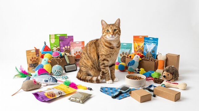 Tabby cat sitting among diverse cat toys and food