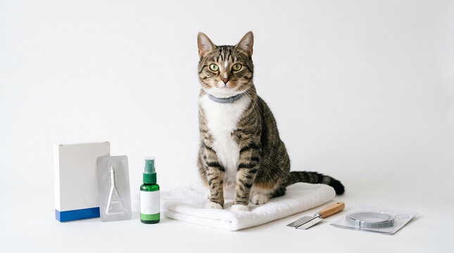 Tabby cat sitting with pet care products and grooming tools