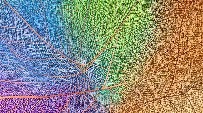 Vibrant macro close-up of a delicate leaf skeleton showcasing intricate venation and a colorful gradient light spectrum, an abstract nature pattern