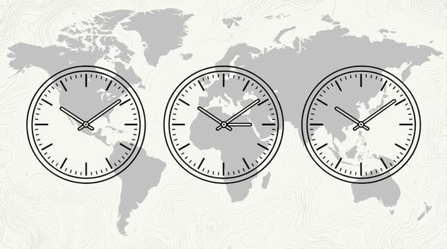 Three Analog Clocks Showing Different Time Zones over World Map Background