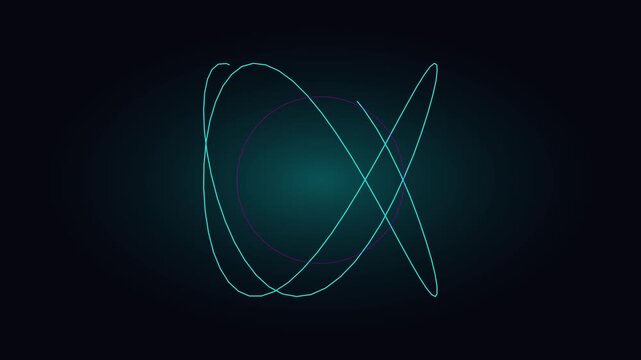 Abstract geometric spirograph animation with glowing teal light lines on dark 4k background sprograph