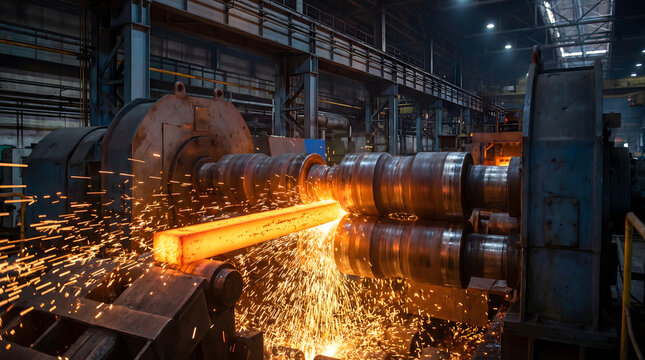 Red-hot steel billet undergoing a rolling process in a heavy industry factory, with sparks flying from the intense manufacturing