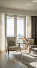 Fototapeta premium Sunlit Modern Living Room With Balcony View Offering Serene Relaxation