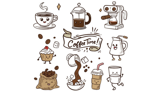 Cute coffee time food and drink doodle set