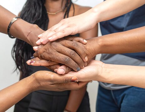Close-up of diverse hands, stacked together in a symbol of unity and teamwork