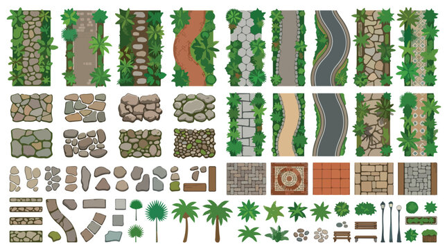 Top view garden path vector set, landscape design elements with stone walkways and tropical plants, outdoor park map creator kit