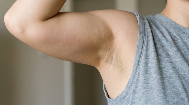Close up of a man's arm showing underarm hair in a gray shirt