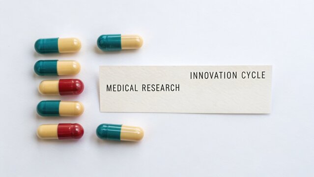 Colorful Capsules and Text Signifying Innovation Cycle in Medical Research and Development Process