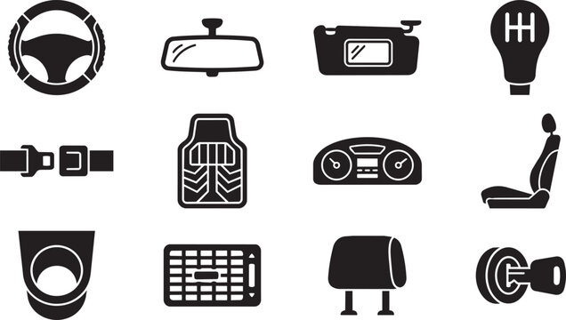 Car interior, dashboard, steering wheel, vehicle icons, 12 black and white automotive elements