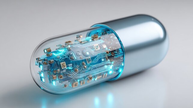 Microchip Capsule with Glowing Circuit Traces in a Transparent Electronic Module for Futuristic Technology Concepts