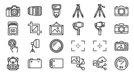 Camera gear and shooting mode line icons. © ULFAITA
