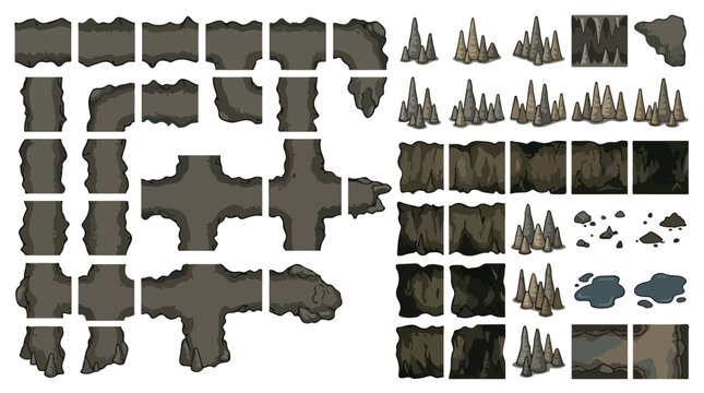 Underground cave map tileset vector, dark stone dungeon level design elements, modular rocky cavern environment kit for game development