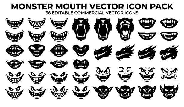 Black Monster Jaws with Sharp Teeth Horror Icon Vector Collection