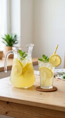 Fototapeta premium Glass and pitcher of lemonade with summer background