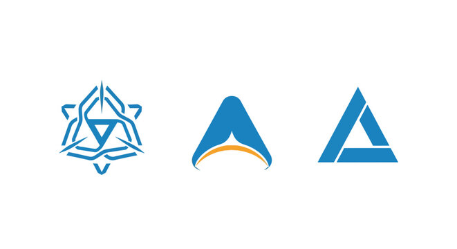 Three abstract geometric logo designs in blue and yellow.