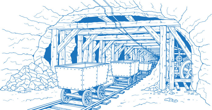 Underground Coal Mine Tunnel with Support Beams, Rail Carts and Mining Machinery Vector Line Art