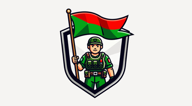 Cartoon Soldier Holding Red and Green Flag Inside Shield Emblem
