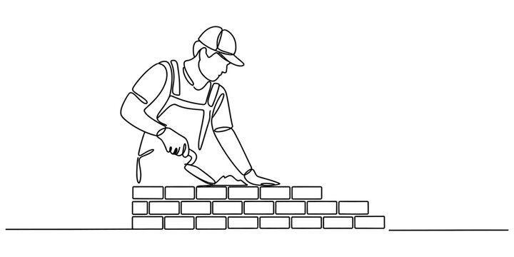Continuous single line drawing of a bricklayer building a brick wall with a trowel Vector, illustration