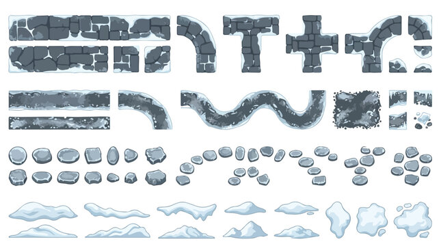 Snowy stone path vector kit, winter cobblestone road elements for game design, frozen rock wall and snow drift collection, modular icy walkway assets