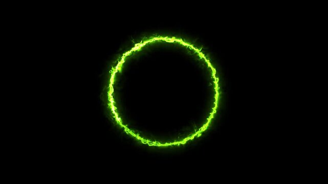 Bright lime green electric circle glowing with intense plasma energy on a solid black background