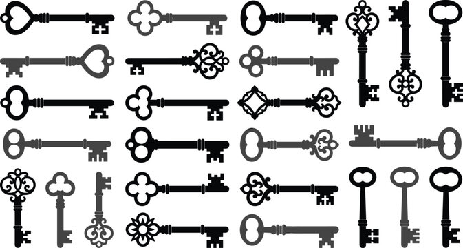 Vintage skeleton key collection featuring ornate antique keys decorative key silhouettes classic lock and security vector illustration set