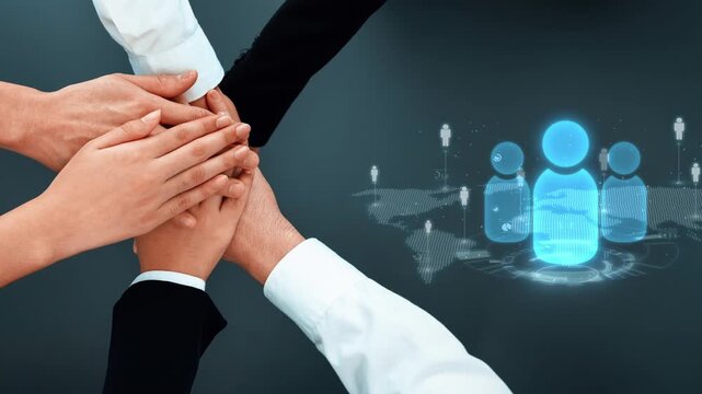 Hands join in unity above digital icons symbolizing teamwork, collaboration, and support in a modern business environment, emphasizing connection and partnership. Raster