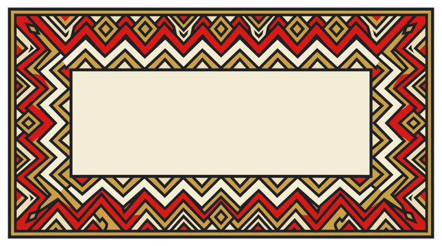 Decorative rectangular frame with intricate geometric chevron patterns in red and gold.