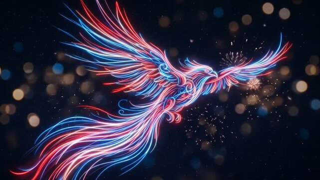 Majestic Phoenix Bird Animation, Fiery Red and Blue Glowing Energy, Flying Over Sparkling Bokeh Lights, Dynamic Motion