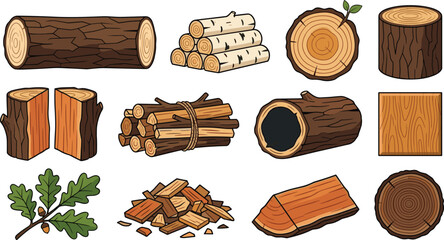 Wood log collection featuring tree trunks firewood timber planks wooden textures and forestry vector illustration set © Prodip