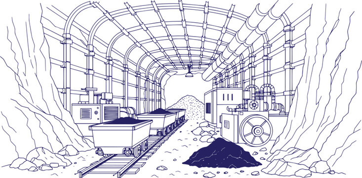 Underground Coal Mine Tunnel with Support Beams, Rail Carts and Mining Machinery Vector Line Art