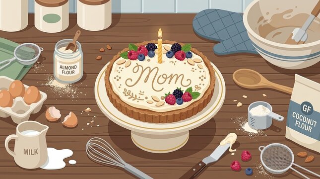 Homemade Gluten-Free Birthday Cake for Mom with Berries on a Baking Table Vector Illustration