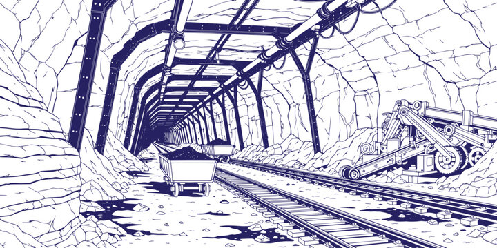 Underground Coal Mine Tunnel with Support Beams, Rail Carts and Mining Machinery Vector Line Art