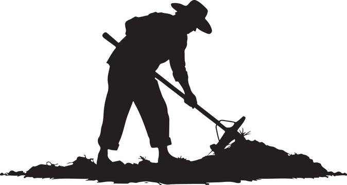 Silhouette of a farmer digging with a hoe, bending over
