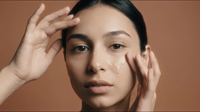 Close-up portrait of a young woman with both hands raised near her face while applying or checking skincare against a warm brown background in soft studio