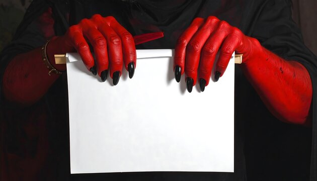 Close-up of crimson hands with long black nails holding a blank white paper against a black costume