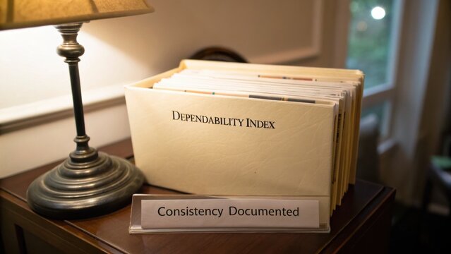 Dependability Index Documented in Folder on Table Next to Lamp in Office Environment with Natural Light from Window