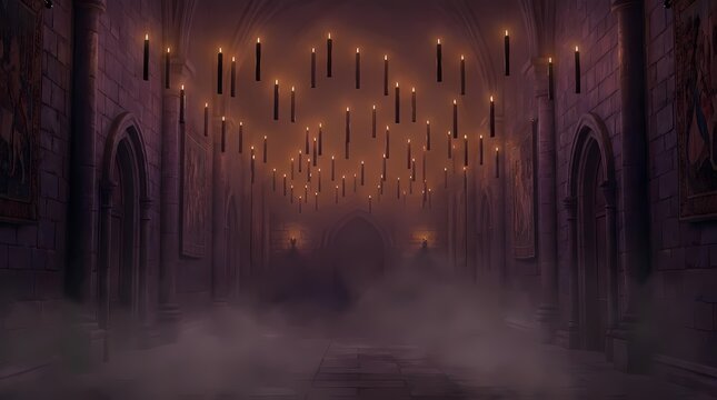 Dark gothic hall with floating candles and mist.