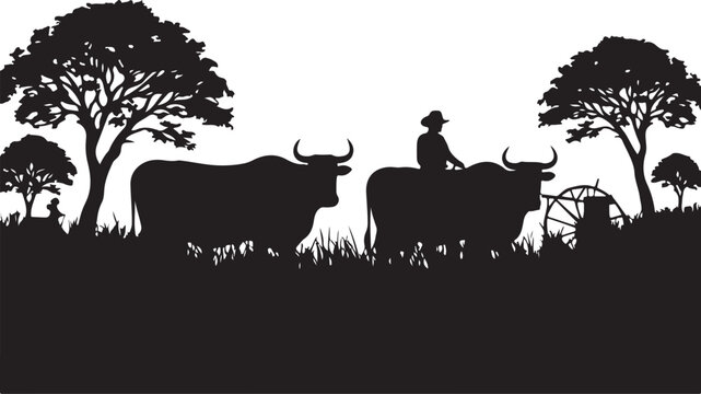 Silhouette of a farmer with oxen and cart, rural landscape