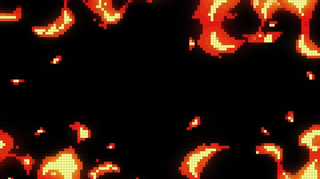 Animation pixel art  Fire flame or bright burning fire with 8 bit ,cartoon and 2d  style  on black background ,suitable  console video games and retro visuals. transparent and alpha channel.